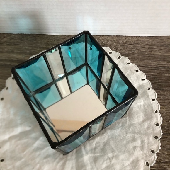 Handmade Teal Stained Glass Square Candle Holder - Picture 3 of 11